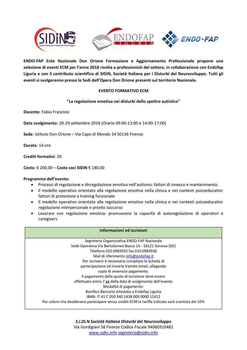 ENDOFAPNAZ's tweet photo. ENDO-FAP offre una selezione di eventi ECM per l’anno 2018 rivolta a professionisti del settore, in collaborazione con Endofap Liguria e con il contributo scientifico di SIDiN, Società Italiana per i Disturbi del Neurosviluppo. https://t.co/y24HTgtk1t
