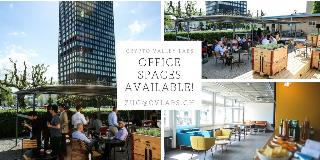 Office Spaces available <a href="/CV_Labs/">CV Labs</a>.
Do you want to be part of the Blockchain Community? Explore the interactive City of Zug.

We are expanding our space and still have a some private offices available as of September 2018.
<a href="/GLRalf/">Ralf Glabischnig</a> <a href="/Jenny_arman/">jennyarman@bluemail.ch</a> <a href="/MathiasRuch/">Mathias Ruch</a> <a href="/marcobumbacher/">Marco Bumbacher</a>