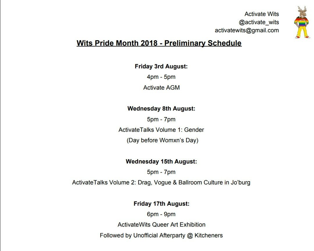 activatewits's tweet photo. Here are all the Activate Events over the next month! A more complete schedule with all Pride Events will be released soon - but for now save the dates hunties! 😘 https://t.co/WyR3weU8TH