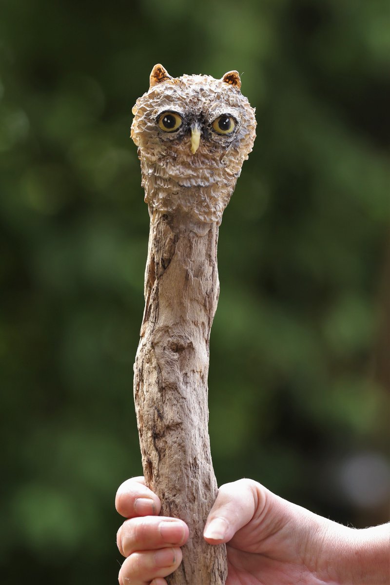 Faerenature's tweet photo. A customer ordered an Owl Talking Stick and eventually the right stick presented itself to me. This little Owl Stick is now winging his way to someone special. Sculpted from Dorset Driftwood and Cold Porcelain https://t.co/wjM2RTYTs0 #wand #handmade #Owl https://t.co/rzApHmWore