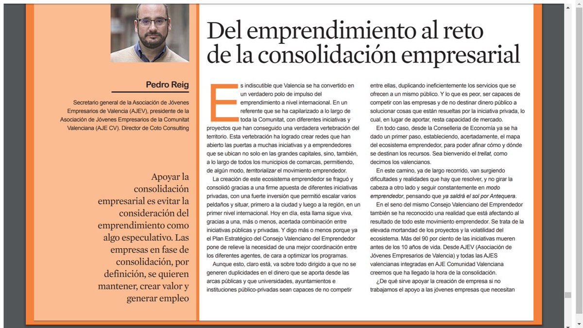AJEValencia's tweet photo. Del #emprendimiento al reto de la #consolidaciónempresarial, hoy habla del tema @pedroreig , pte. @aje_cv y sec.gral. de @AJEValencia en @elEconomistaes https://t.co/2fnCLgOFDl https://t.co/flw31MjCag