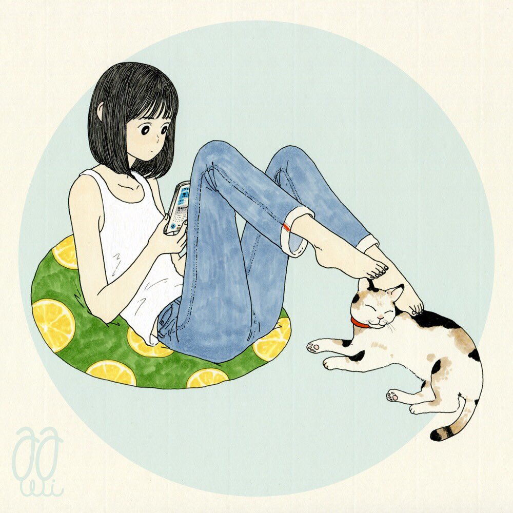 1girl barefoot black hair pants solo circle cat  illustration images