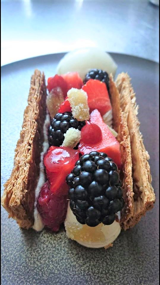 63TayStreet's tweet photo. Lee‘s new creation! #Vanilla #crowdie #cream, summer #berries & #ginger #beer #sorbet YUM! #LocalHonestSimple #fromthepass #dessert https://t.co/DQbidBrSyD