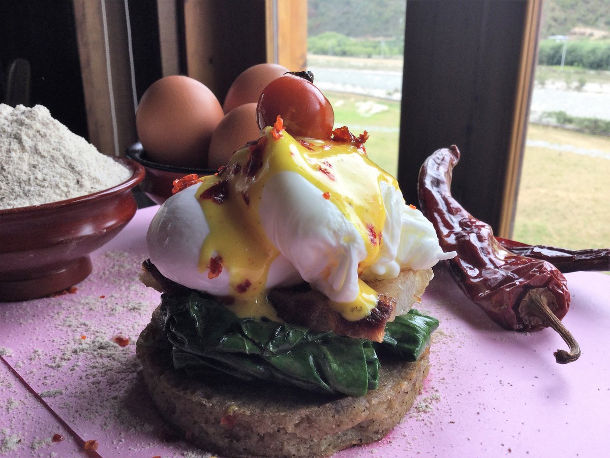 LeMeridienParo's tweet photo. Chef's Special Bhutanese Sikkam (dry pork) Egg Benedict! Traditional American breakfast with local touch. Nice aromatic and healthy toasted Khurle (buckwheat blinis) on top Sikkam paa and local soft poach egg with ezay (Bhutanese chili chutney) and creamy hollandaise. https://t.co/E3wfE63QK8