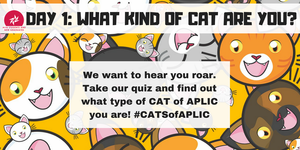 ALIANewGrads's tweet photo. There are so many types of #CATS out there. Take our #CATSofAPLIC quiz to find out what type of cat you are! https://t.co/Z5dybgMnNM #coolCAT #angelCAT #tenaciousCAT #spiritedCAT @aliaconference #APLIC18 https://t.co/NivEQH99Zl