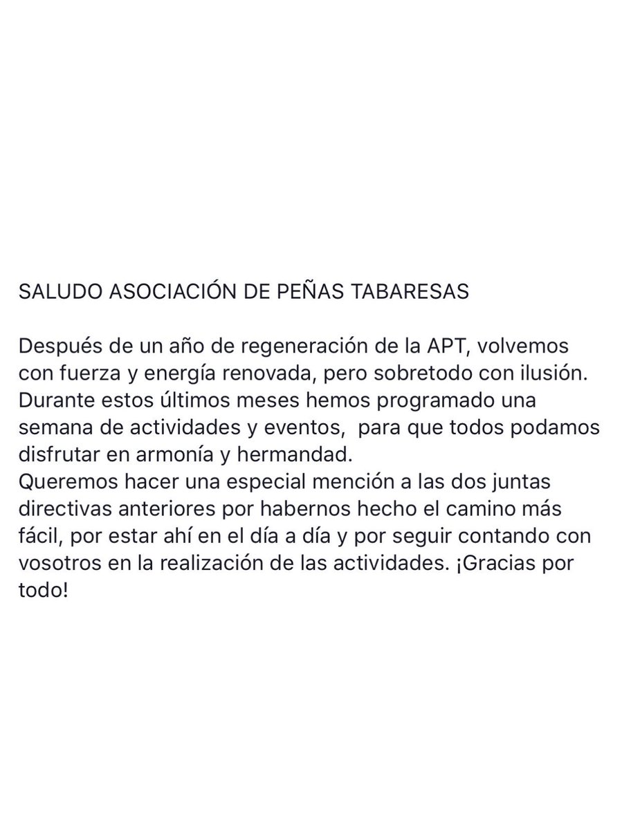 APT_tabara's tweet photo. SALUDO ASOCIACIÓN DE PEÑAS TABARESAS https://t.co/NQq9a6VRN0