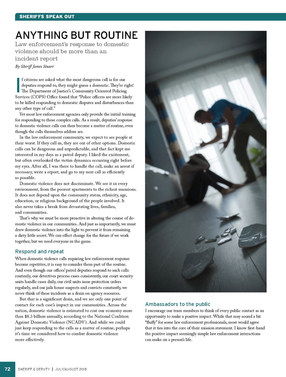 NationalSheriff's tweet photo. As we wrap our #DomesticViolence training in OKC, we wanted to share this article from the July/Aug. issue of our magazine by #Anoka Sheriff @Stuart4Sheriff. #AnythingButRoutine
As noted in a 2017 @COPSOffice report - #domesticdisputes calls are the most fatal for LE. https://t.co/AO4ZWRIZnM