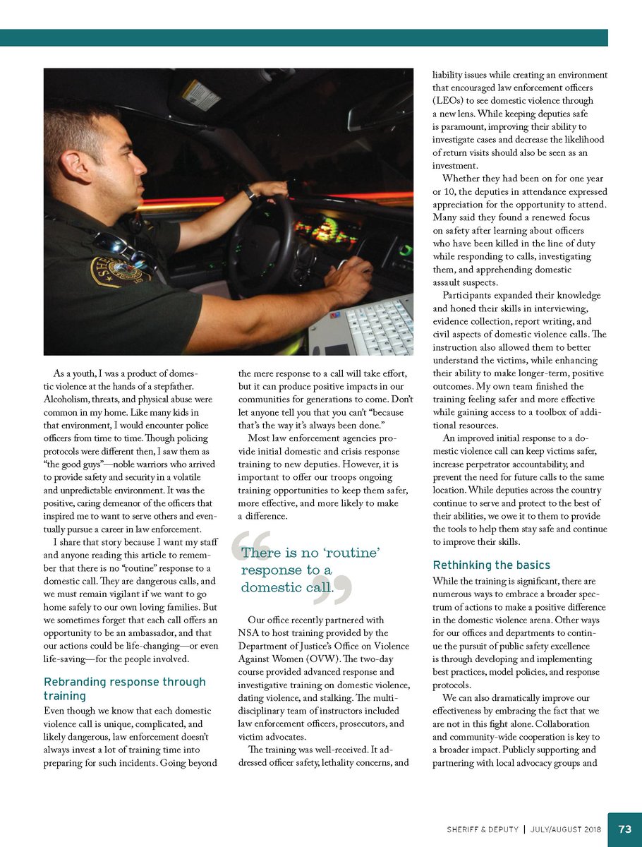 NationalSheriff's tweet photo. As we wrap our #DomesticViolence training in OKC, we wanted to share this article from the July/Aug. issue of our magazine by #Anoka Sheriff @Stuart4Sheriff. #AnythingButRoutine
As noted in a 2017 @COPSOffice report - #domesticdisputes calls are the most fatal for LE. https://t.co/AO4ZWRIZnM