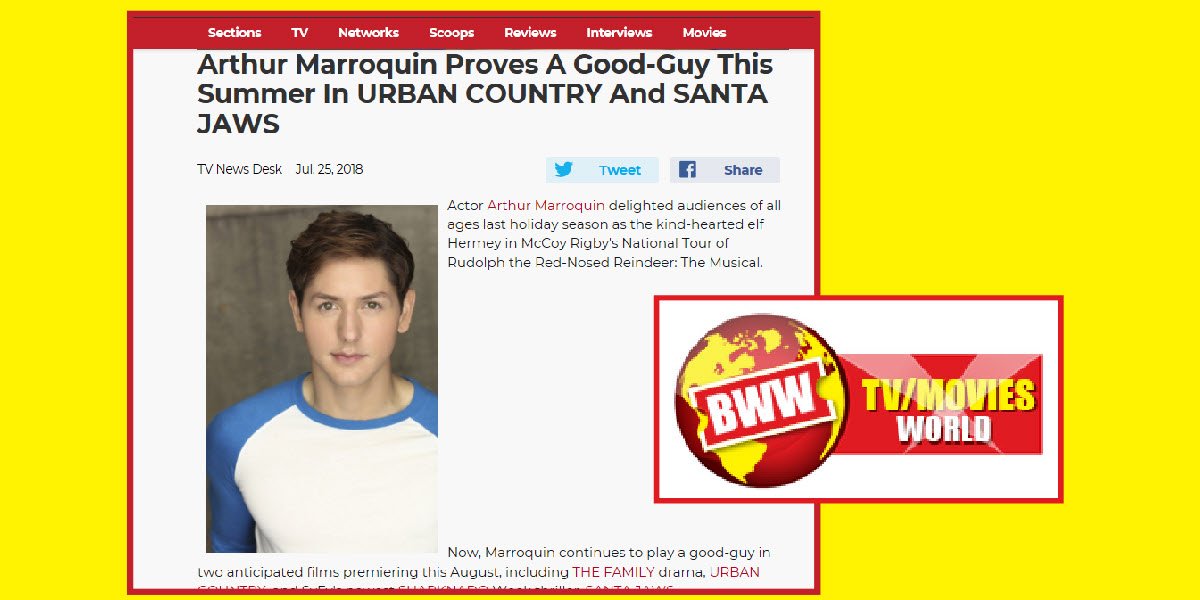 SpotlightPRCo's tweet photo. Actor ARTHUR MARROQUIN @ArthurBMarr hits screens as a good-guy this August in #UrbanCountry and #SantaJaws as reported by @BroadwayWorld  https://t.co/Qwvm0NJLLL https://t.co/a9RUP3Fq8i