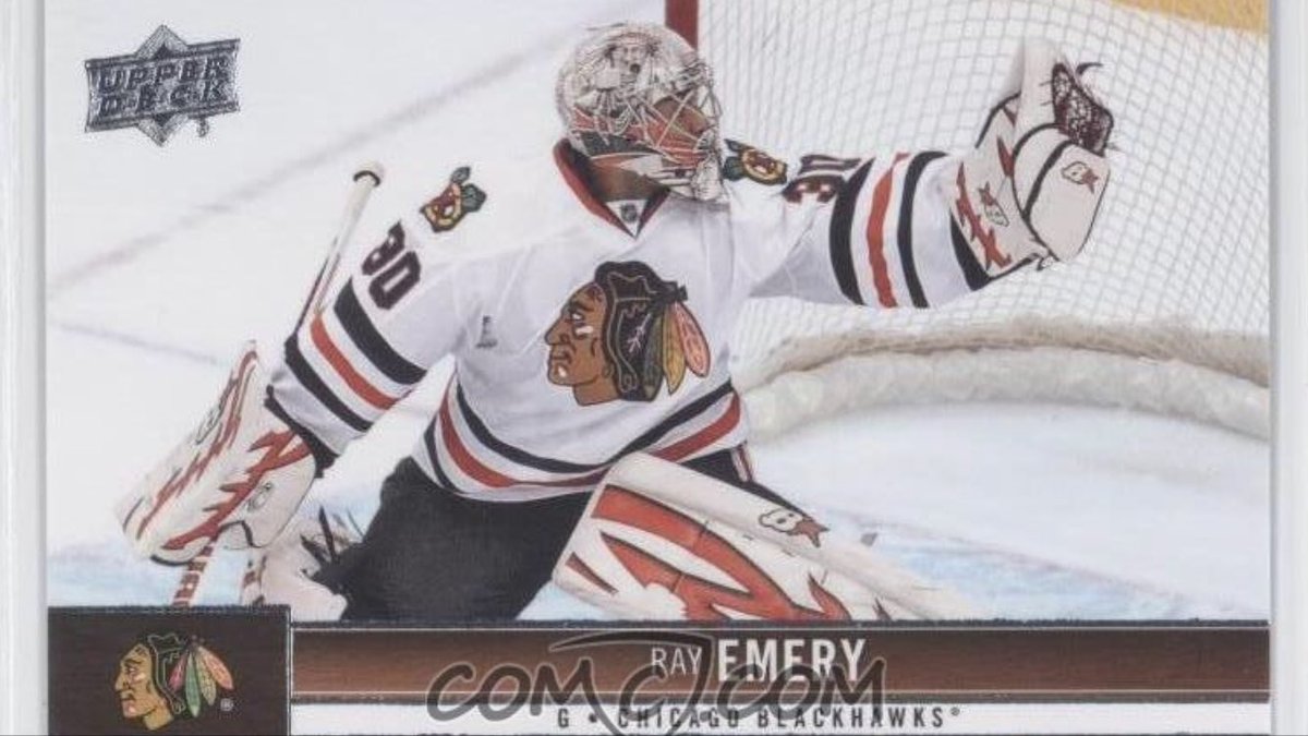 GameJersey's tweet photo. Ray Emery 11-12 - launching this account is this beauty. photo-matched to the upper deck card. Nice marks, some post paint, Blackhawks set tagging. Like most Hawks goalies of this era, Ray switched jerseys every period, this was worn all year. #riprazor #Blackhawks #SC2013 https://t.co/K76E6wT1Df