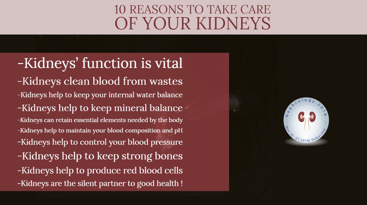 nephro2018's tweet photo. 10 REASONS TO TAKE CARE OF YOUR KIDNEYS! 

To discuss more visit: https://t.co/9CESi50s4k

#FridayFeelings #nephrology #nephrologyconference #Medicalevents #Dubai #UAE #November @nephro2018 @womeninnephro @ITN2015  @FLNephrology @ISMMSKidney @UrologyofVA https://t.co/h30TddU4j0