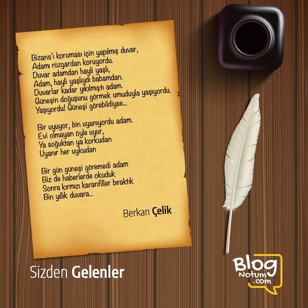 BlogNotum's tweet photo. Bir gün güneşi göremedi adam
Biz de haberlerde okuduk
Sonra kırmızı karanfiller bıraktık
Bin yıllık duvara...🍂
✍@berkanclik
📎 https://t.co/7XixsRTLOA
#SizdenGelenler
#BlogNotum
#Şiir
#Edebiyat https://t.co/xGEuvJfLdu