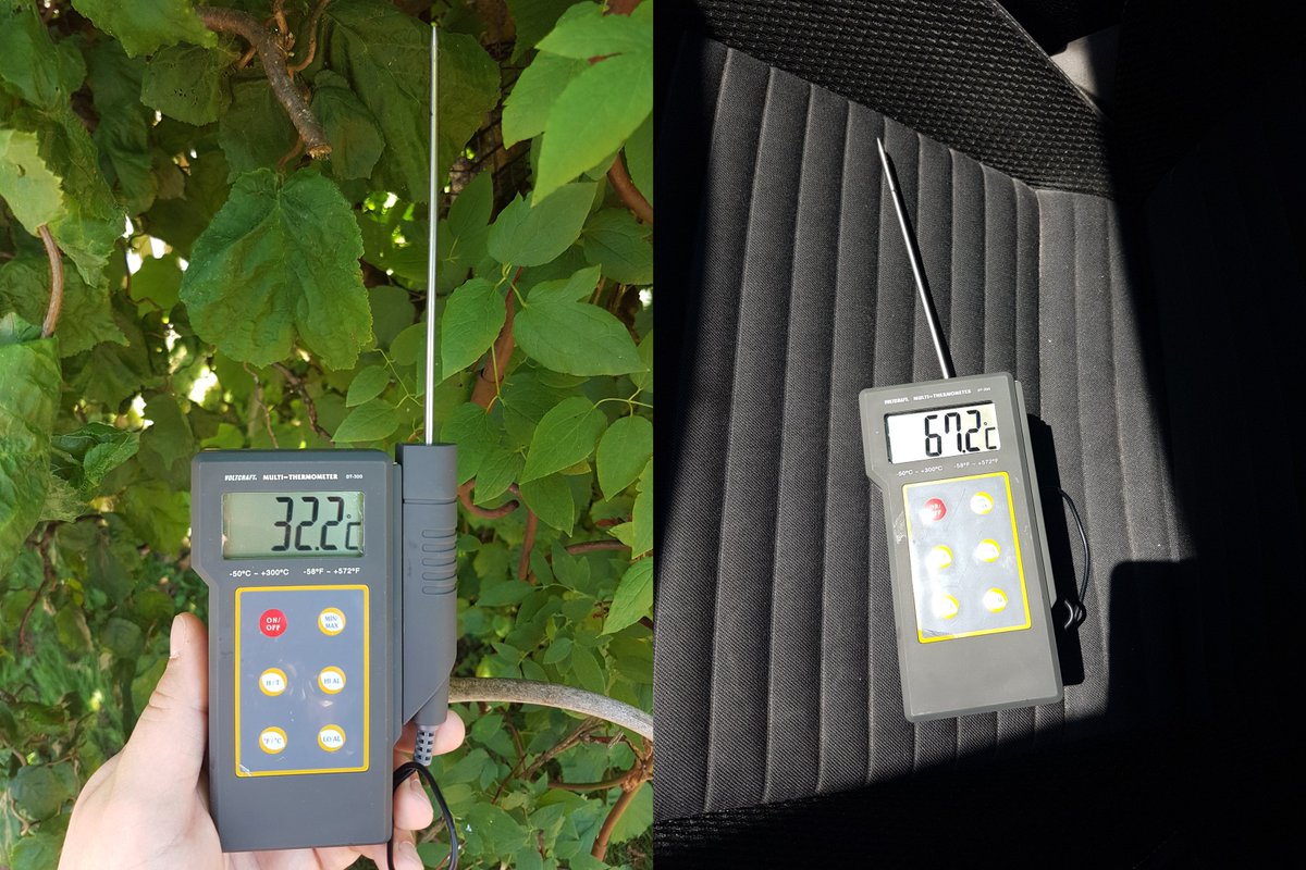 meteonrw's tweet photo. Kleines Experiment: Schattentemperatur links, Autotemperatur rechts. #Haustiere, #Kinder und #Schwiegermütter bei diesem Wetter nie im Auto zurücklassen! #Hitze #Wetter #NRW https://t.co/xJSvigmvnn