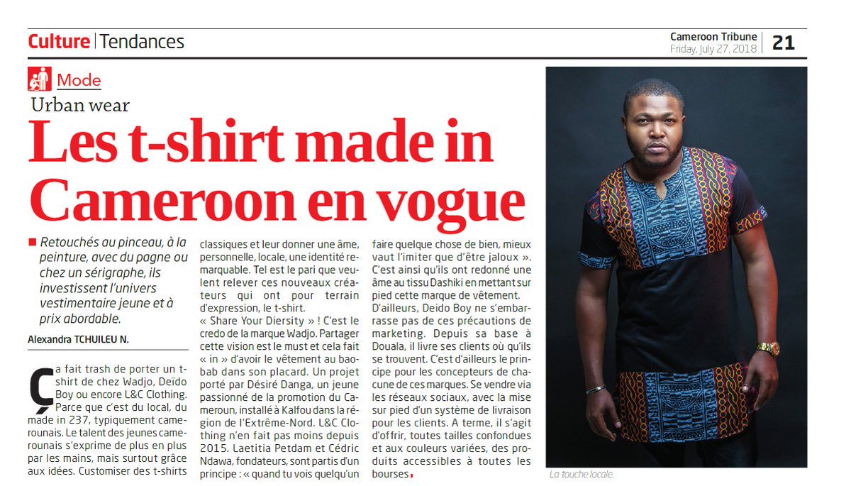 LetCClothing's tweet photo. Merci à @Alex_Tchuileu de Cameroon Tribune pour ce bel article qui honore le travail des acteurs du Street - Afro - Urban Wear du 237 🇨🇲
#CameroonTribune
#LetCClothing #ShareYourDiversity
#StreetWear #AfroWear #UrbanWear #Culture #Tendance #DOPE #TT237 #DCLP https://t.co/HrwlTTjHgn