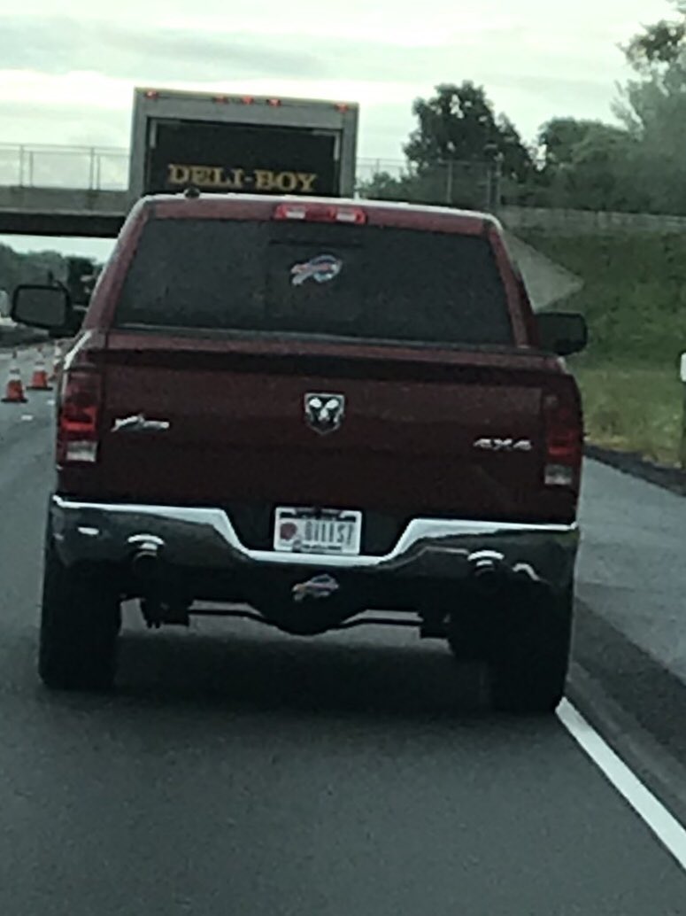 TButt32's tweet photo. Bills decal, license plate, frame and tailgate. Bro, you got to step it up @KReichlmayr33 https://t.co/KfkKcaQsHa