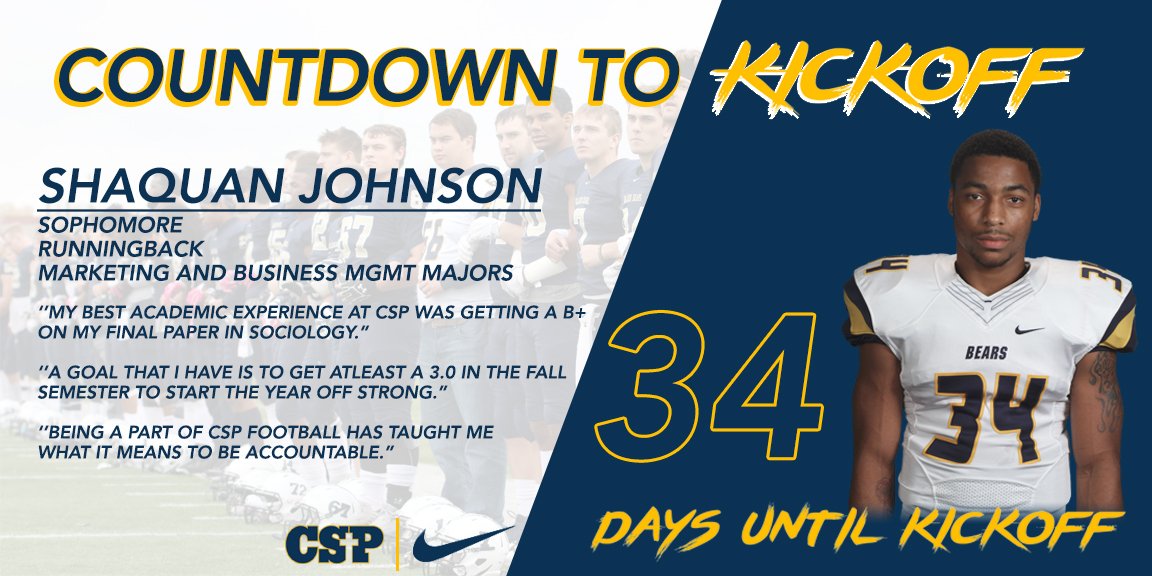 CSPBearsFB's tweet photo. 34 days from kickoff and we have sophomore, Shaquan Johnson. The St. Petersburg Florida native a is a marketing and business management major. Find out what Shaq had to say about CSP and his experiences! #FloridaBears #SpeedKills #Build1n9OnTheRock https://t.co/uJzGMdOsFM