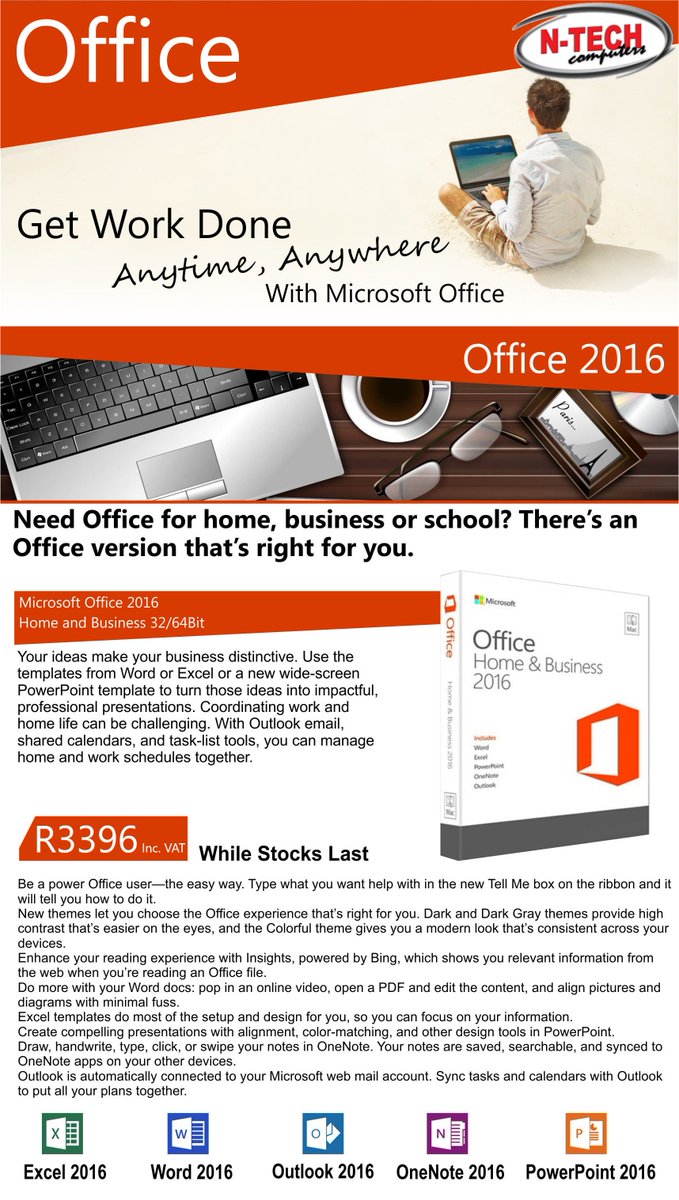 NTechComputers's tweet photo. The perfect bundle for everyday use, this office implements both home and the office! Grab yours today from N-Tech Computers! 
Call us to get your hands on these great deals! 087 822 1887 Or email us at sales@n-tech.co.za 
#NtechComputers #Office365 #thewaytogo #specials https://t.co/ytj6jGqLAn