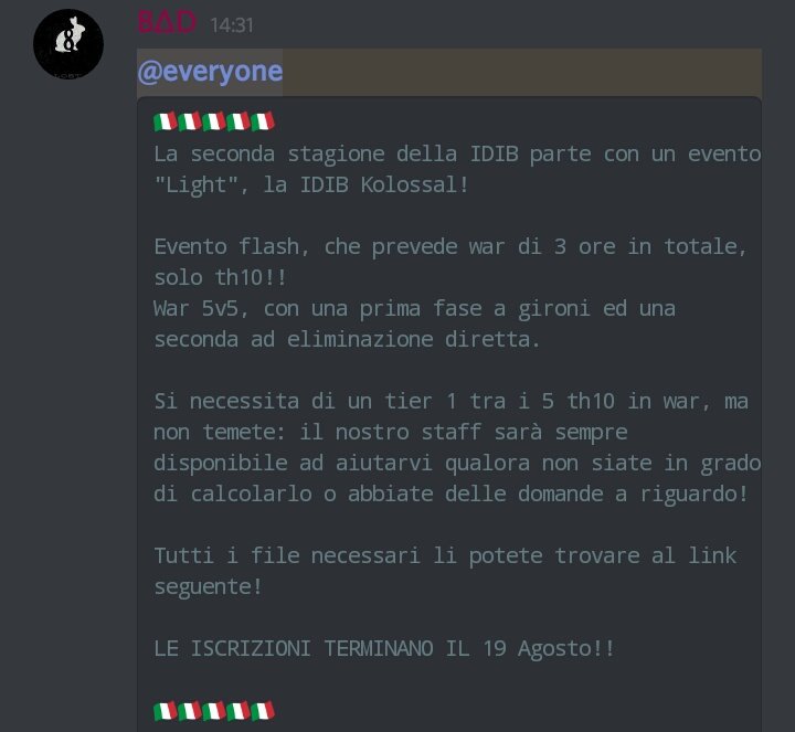 La seconda stagione della IDIB parte con un evento "Light", la IDIB Kolossal! 

🇮🇹LINK CARTELLA IDIB Kolossal🇮🇹
drive.google.com/open?id=1flXop…

🇮🇹Link al server della Community in cui trovare tutte le info e il supporto del nostro staff🇮🇹
discord.gg/sSjBeBW
<a href="/ClashofClansIT4/">Clash of Clans IT</a>
