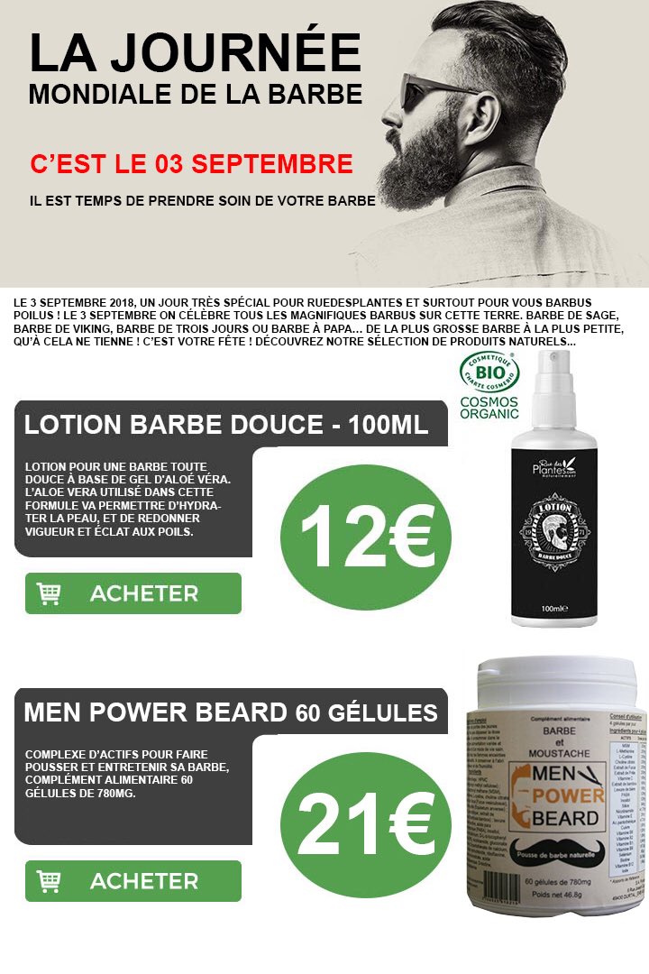 Une date à retenir le 3 septembre mais avant il faut l’entretenir  pas d’inquiétude nous pensons à vous 
Retrouvez chez notre partenaire exclusif ruedesplantes.com la lotion bio et le complément alimentaire en gélules une synergie savamment adaptée pour la repousse