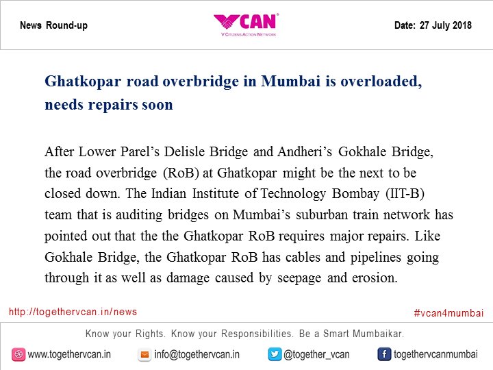 Retweeted TogetherVCAN (@Together_VCAN):

#Ghatkoparroad #overbridge in #Mumbai is overloaded, needs repairs soon 

Click here to read more:
togethervcan.in/news/ghatkopar…

#vcan4mumbai