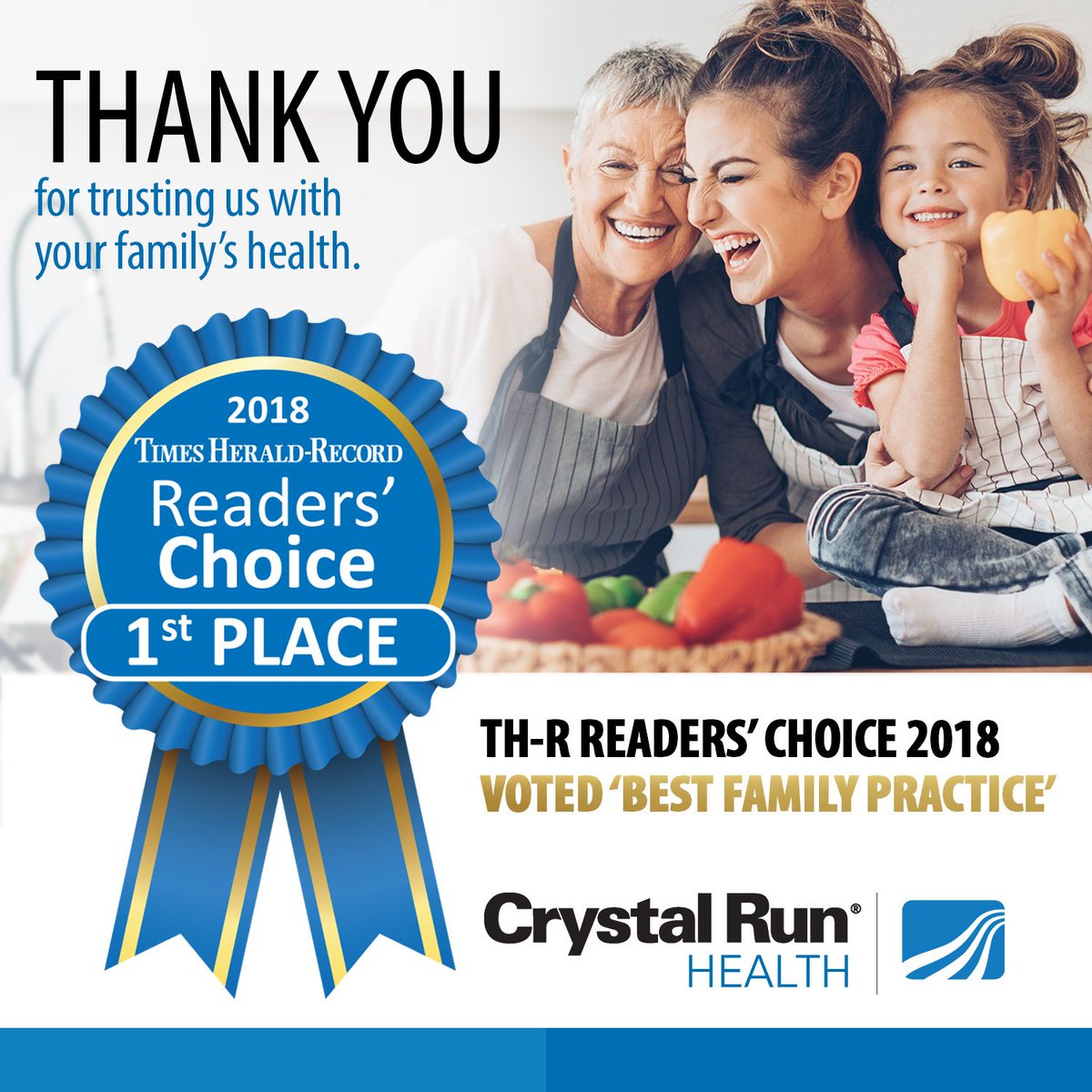 CrystalRun's tweet photo. We are humbled you have entrusted your family’s care to us, and we thank  you for voting Crystal Run Healthcare the BEST in the 2018 Times  Herald-Record Readers’ Choice awards. #WeAreCrystalRun #BestFamilyPractice #THRAwards2018 https://t.co/zGFWtrhrZa