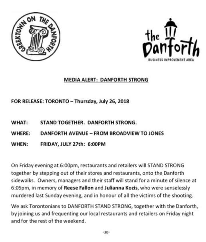 Tomorrow, our Danforth BIA neighbours to the west will be holding Stand Together: Danforth Strong, having a moment of silence together, outside of their stores at 6:05pm.

#DanforthStrong