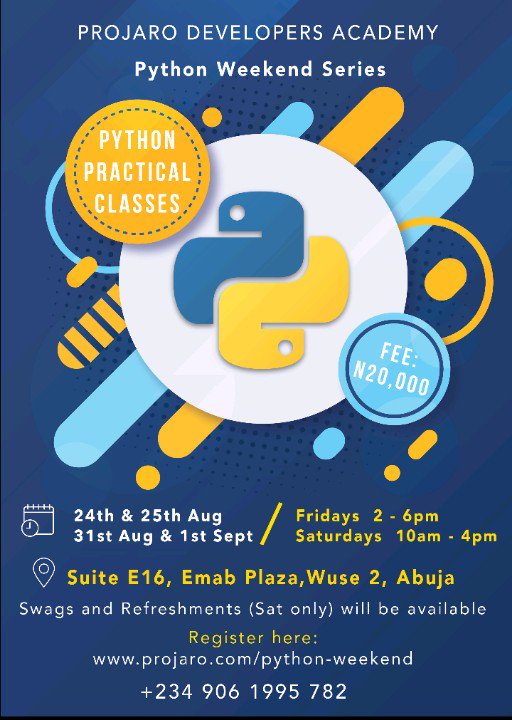 xtybells's tweet image. Python weekend series #pythonlanguageiseasy #opportunitytolearnpython #Abujacoders #opportunity #Abuja #wuse2 #dontmissit
