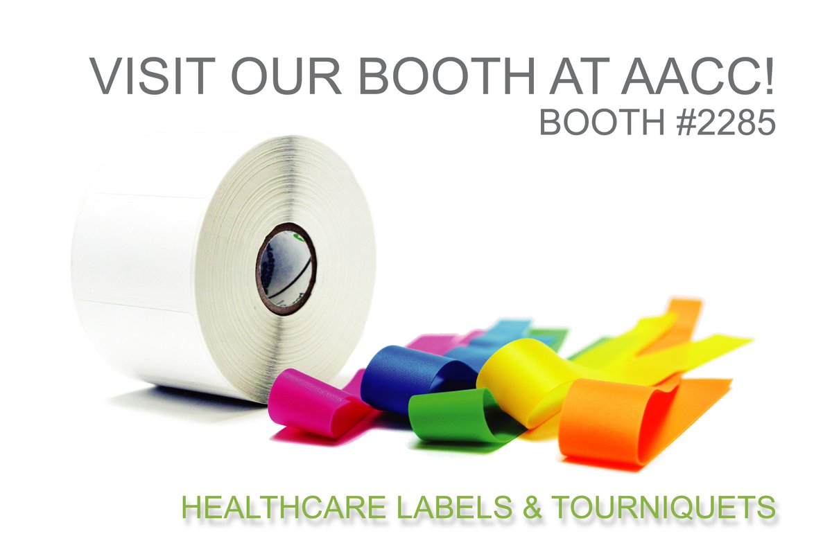 Caresfield's tweet image. Are you or your team attending the #AACC Show in Chicago this year? Stop by our booth and pick up a sample of our brightly colored tourniquets, and check out a wide variety of healthcare labels that fit the needs of your information system! #PlatinumCode #Healthcare