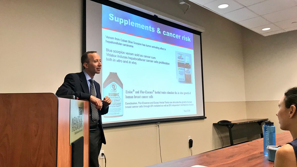 Learning so much at <a href="/UTHPMR/">UTHealth Houston PM&R</a> #Physiatry Grand Rounds on “Integrative Medicine in Oncology Care Delivery” by Dr. Gabriel Lopez of <a href="/MDAndersonNews/">MD Anderson Cancer Center</a>
✳️Supplements can increase cancer risk (example blue scorpion venom)
#CancerRehab
