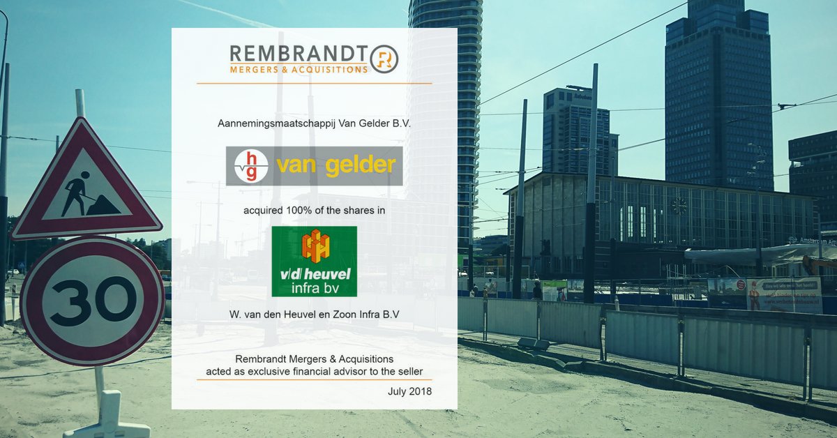 Rembrandt Mergers &amp; Acquisitions, the Dutch #MidCap Alliance member, acted as exclusive financial advisor to W. van den Heuvel en Zoon Infra B.V. More information: lnkd.in/e3SMyAK | business #acquisition