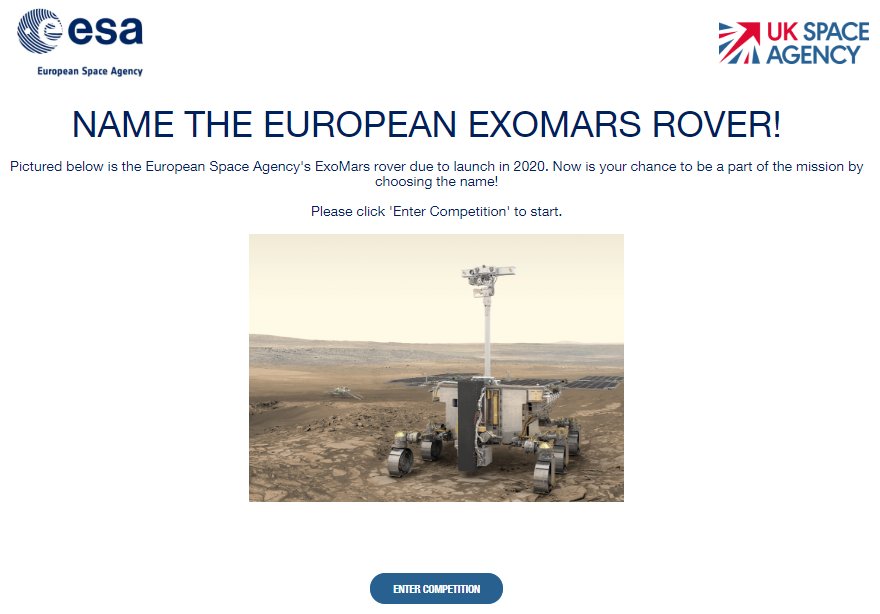 MyBotRobot_com's tweet image. ¿¿¿¿¿Quieres darle un nombre al próximo Rover que la Agencia Espacial Europea lanzará a Marte en 2020?????
Participa en el concurso para el ExoMars europeo, ¡anímate!👍mtr.cool/mmrrqpw
#MyBotRobot #ExoMarsContest