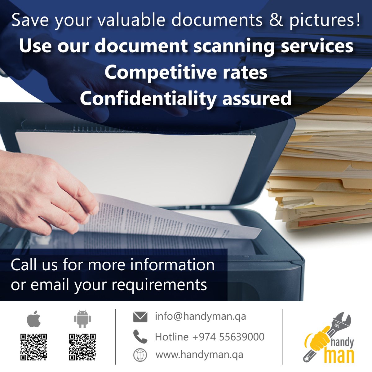 HandymanQa's tweet image. Save your Valuable Documents &amp;amp; Pictures!
Use our Document Scanning Services.
visit handyman.qa 
info@handyman.qa
#Scanner #scandocuments #savedocuments #handyman #importantdocuments