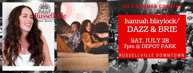 #RussellvilleDowntown Summer Concert Series Tomorrow!  It's going to be a great night to be in Historic Russellville Downtown! It's Ladies Night with Hannah Blaylock followed by Dazz &amp; Brie! Get there early to claim your spot. This is a must attend event!
