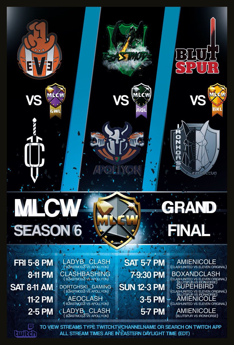 Ladies and gentlemen, the time has come for the Season 6 finale!! Join us this weekend as these clans go head-to-head in an epic onslaught of Championship War action 🤜🔥🤛 Huge shoutout to all streamers involved! 💪 <a href="/ClashofClans/">Clash of Clans</a> #MLCWplayoffs
