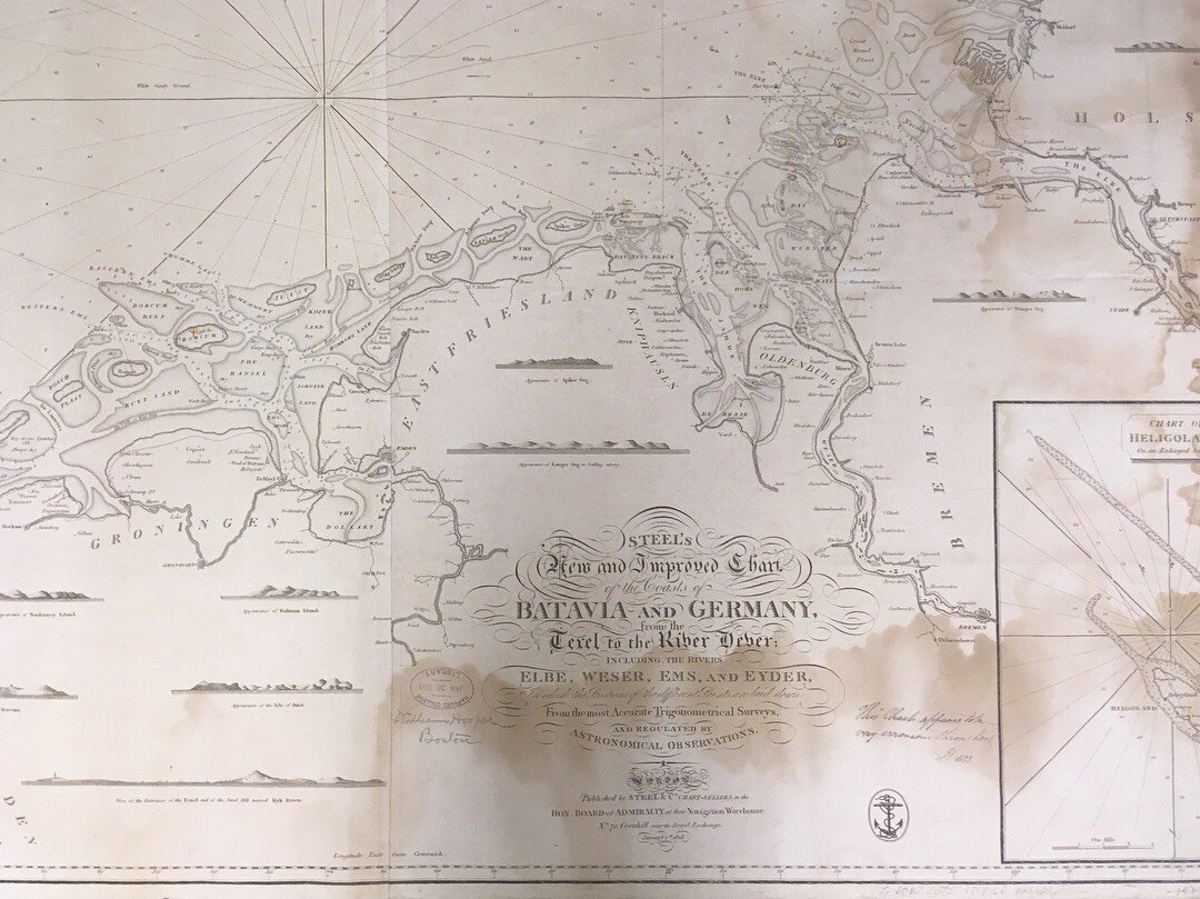 'This chart appears to be very erroneous throughout', signed with initials in 1823. I guess 'Steel's New and Improved Chart of the Coasts of Batavia and Germany' from 1818 did not live up to its name! #phoneitinfriday #nauticalcharts #Germany #deutschland #HarvardLibrary