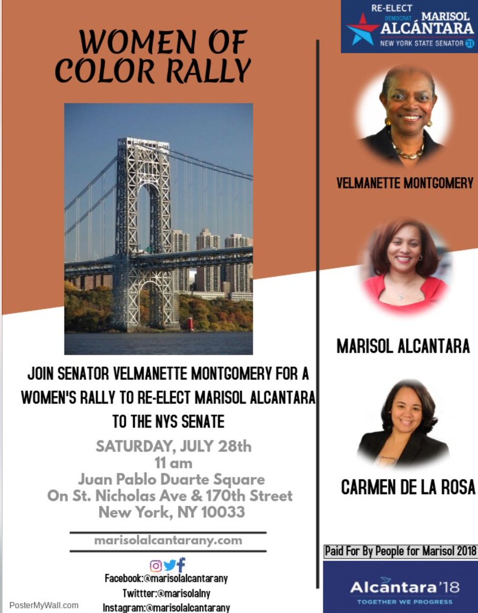 marisolalny's tweet photo. Únase a la senadora estatal Velmanette Montgomery para una caminta de apoyo para la reelección de Marisol Alcántara al Senado del Estado de Nueva York. Sábado, 28 de julio a las 11am. En la Plaza Juan Pablo Duarte en St. Nicholas y 170 St NY. NY 10033 https://t.co/EwT0z0mlTu