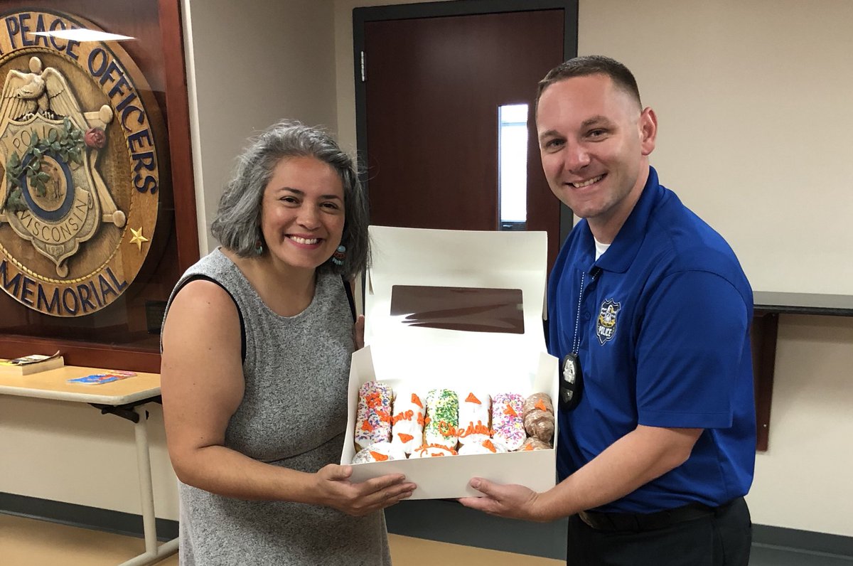 CEmmanuelle's tweet photo. 🍩🧀🚓 Join me in thanking the #SharpAsCheddarWisconsinCop @RoderECPD for his years of service with the @EauClairePD. Ofc. Roder, you lifted up *our community* in your public service (&amp; r level of fun!). Best wishes at @CVTC in your new role of teacher. You will be missed 🍩🧀🚓 https://t.co/Jeg9LrQZwb