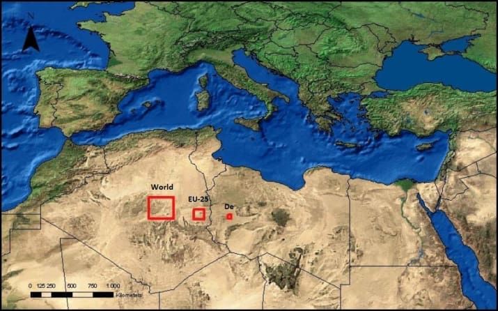 #Map shows the surface area that we would need to power the world, the EU or Germany solely through #solar power. Source: buff.ly/2K1zD7M