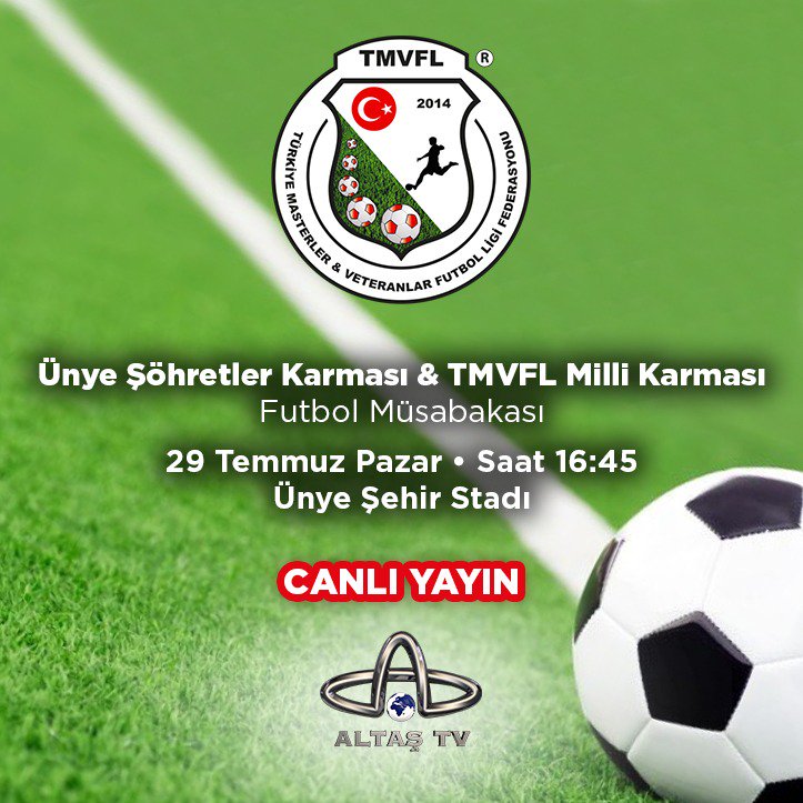 masterlerligi's tweet photo. Ünye Şöhretler Karması &amp; TMVFL Milli Karması Futbol Müsabakası 29 Temmuz Pazar Günü Saat 16:45’de Ünye Şehir Stadı’nda gerçekleşecektir. Müsabakayı Altaş TV’de canlı yayında izleyebilirsiniz.
#Altaştv  
#Ordu 
#Ünye 
#Veteranlar
#Tmvfl 
#Futbol https://t.co/GwgzaF2GNg