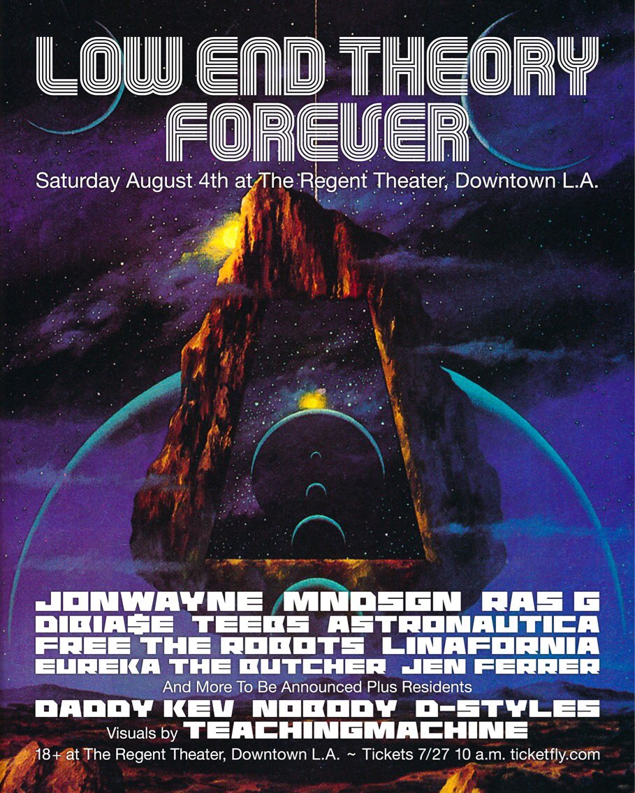 Low End Theory (@lowendtheory) on Twitter photo Low End Theory Forever 8/4 <a href="/jonwayne/">Jonwayne | Jon Makes Beats</a> <a href="/mndsgn/">RINGGO</a> <a href="/Ras_G/">Ras_G ☥ The A.S.P.</a> <a href="/darealdibiase/">Dibiase</a> <a href="/teebsio/">teebs</a> <a href="/_astronautica/">Astronautica</a> <a href="/freetherobots/">Free The Robots</a> <a href="/Linafornia/">real wave conjugations 🌊✨</a> <a href="/Eurekabutcher/">Eureka The Butcher 🇵🇷</a> <a href="/jenniferrrer/">Jen Ferrer</a> + <a href="/daddykev/">Daddy Kev</a> <a href="/djnobody/">Elvin Estela</a> <a href="/djdstyles/">djdstyles</a> <a href="/tmachinetv/">THE TEACHING MACHINE</a> - tickets selling fast! ticketfly.com/purchase/event… Low End Theory Forever 8/4 <a href="/jonwayne/">Jonwayne | Jon Makes Beats</a> <a href="/mndsgn/">RINGGO</a> <a href="/Ras_G/">Ras_G ☥ The A.S.P.</a> <a href="/darealdibiase/">Dibiase</a> <a href="/teebsio/">teebs</a> <a href="/_astronautica/">Astronautica</a> <a href="/freetherobots/">Free The Robots</a> <a href="/Linafornia/">real wave conjugations 🌊✨</a> <a href="/Eurekabutcher/">Eureka The Butcher 🇵🇷</a> <a href="/jenniferrrer/">Jen Ferrer</a> + <a href="/daddykev/">Daddy Kev</a> <a href="/djnobody/">Elvin Estela</a> <a href="/djdstyles/">djdstyles</a> <a href="/tmachinetv/">THE TEACHING MACHINE</a> - tickets selling fast! ticketfly.com/purchase/event…