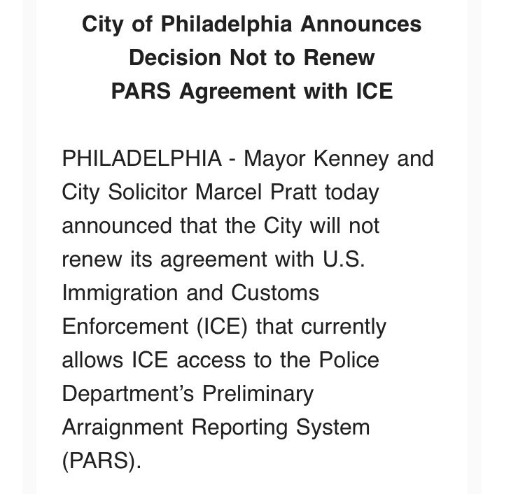 billy_penn's tweet photo. INBOX: Philly is cancelling its contract with ICE, will no longer share PARS data https://t.co/aNdzVYJpI3 https://t.co/Swpm9FZGXw