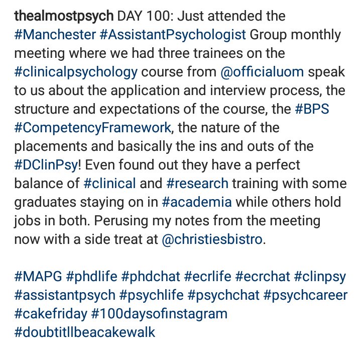 DAY 100: Went to the #Manchester #AssistantPsychologist Group today to find out about the @OfficialUoM #DClinPsy from 3 trainees followed by a treat for myself
#cakefriday #clinpsy #psychcareer #psychchat #psychlife #assistantpsych #100daysofinstagram

instagram.com/p/BlvVlgLBYjh/…
