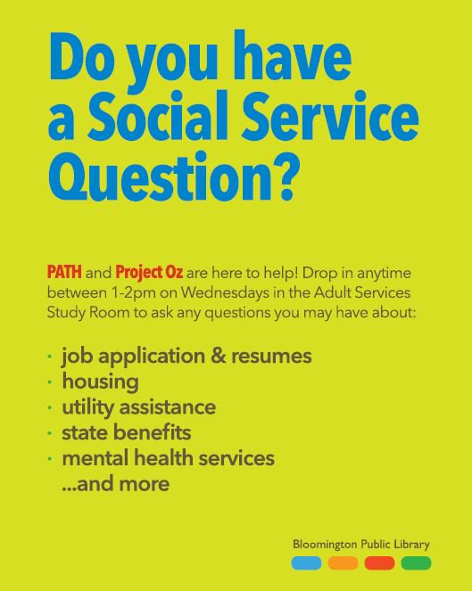 BloNoReStore's tweet photo. @NPLTweets and @bloomingtonlib have started an awesome collaboration with @projectozyouth and @PATHCrisis to make social service and mental health resources more accessible! Check out the images for the days and times at each library. https://t.co/qB95lLcqrT