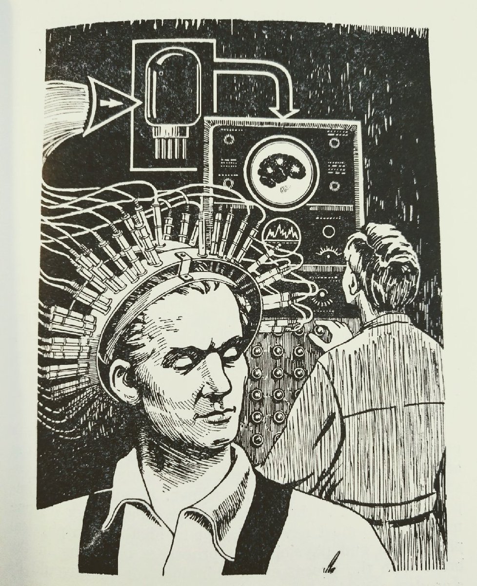 SarahVMarks's tweet photo. 'Studying electrical currents in the brain in clinical experiment' from Yuri Frolov's Work and the Brain (Moscow Foreign Languages Publishing House, 1963) #SovietScience #histsci #scientificillustration https://t.co/3nVlhx0BOG