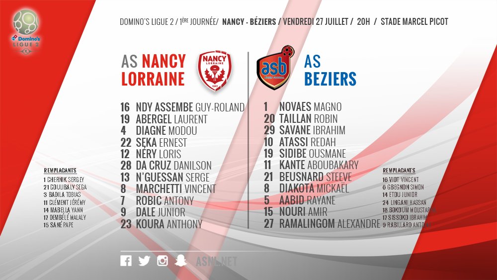 La composition des équipes de <a href="/asnlofficiel/">AS Nancy-Lorraine</a> et <a href="/ASBeziersFoot/">AS Béziers</a> pour #ASNLASB