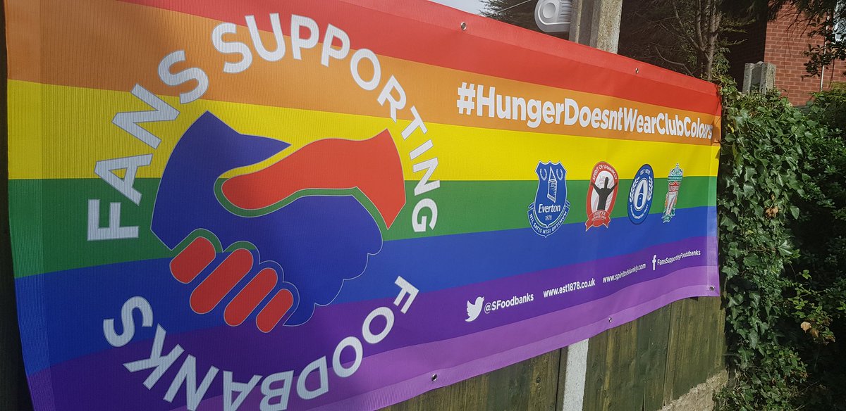 Our new banner will be making it's debut at tomorrow's <a href="/LiverpoolPride/">Liverpool Pride</a> . We will also be accepting donations of dry foodstuffs and toiletries. Look out for us, come over and say hello, make a donation 
#HungerDoesntWearClubColours #EFC #LFC #LGBT 
Pls RT