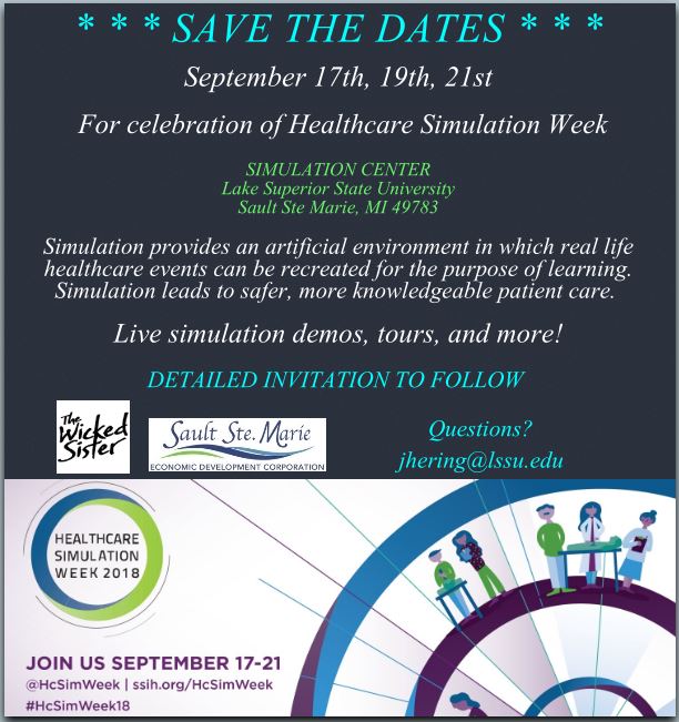LSSUSuperiorSim's tweet image. ---&gt; SAVE THE DATES AND COME CELEBRATE WITH US! &lt;---
Join the global simulation community to celebrate the professionals who improve the safety, effectiveness and quality of healthcare services every day.
#HcSimWeek18 @HcSimWeek Lake Superior State University