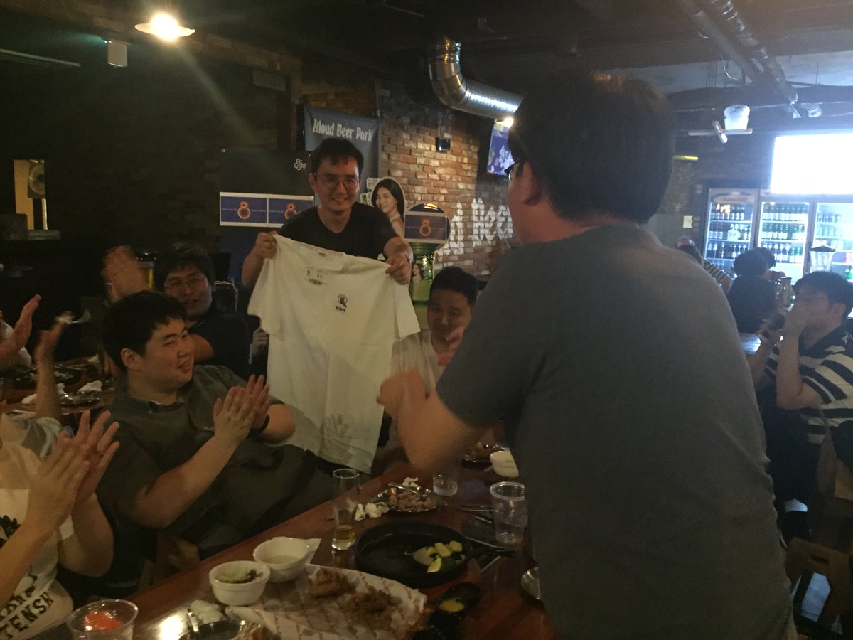 ianychoi's tweet image. One small event on the party: I received one I18n T-shirts @eumel_8 designed &amp;amp; made during last Vancouver Summit, and I finally successfully delivered to @ujuc, Korean language coordinator! He shared some interesting history on how he get involved in I18n team. #OpenStack8Bday