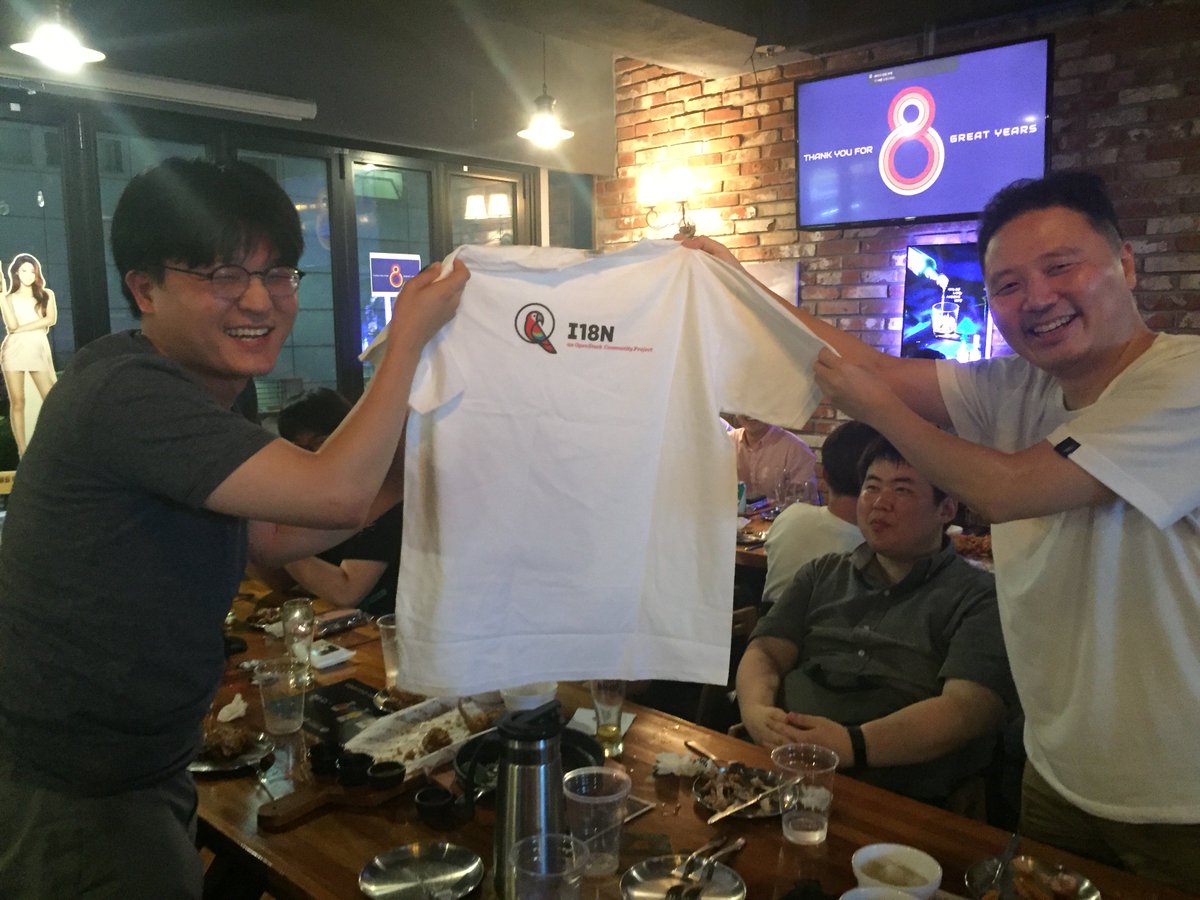 ianychoi's tweet image. One small event on the party: I received one I18n T-shirts @eumel_8 designed &amp;amp; made during last Vancouver Summit, and I finally successfully delivered to @ujuc, Korean language coordinator! He shared some interesting history on how he get involved in I18n team. #OpenStack8Bday