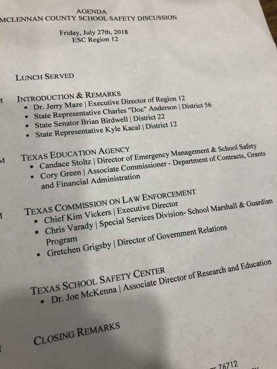 escregion12's tweet image. Thanks to Legislators @DocAnderson4TX @KyleKacal @brianbirdwell who are holding a School Safety Priorities Discussion with area ed leaders. The mtg. will include discussion with school leaders and info from @teainfo, @TCOLE &amp;amp; @TxSchoolSafety.